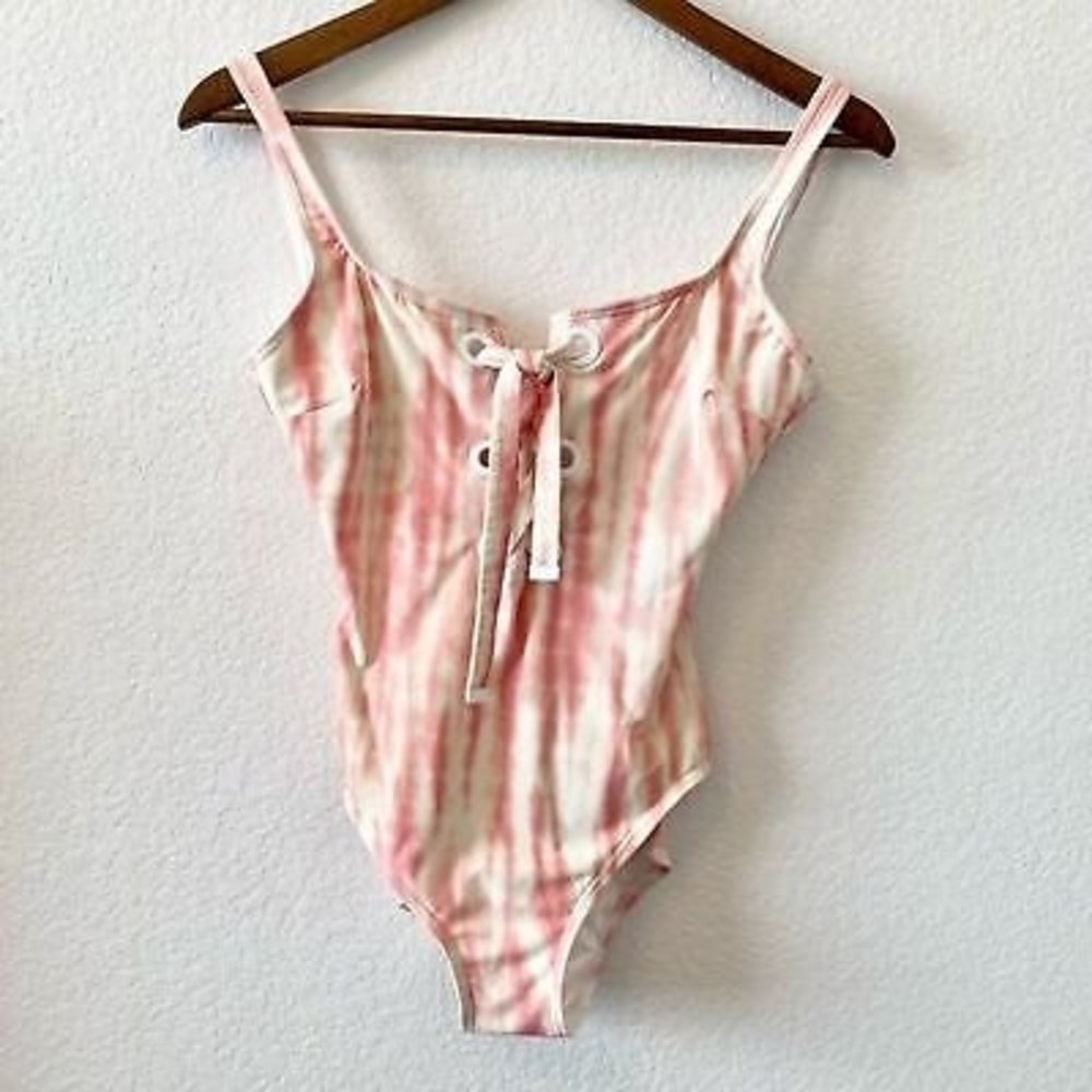 Michael Kors Tie-Dye Lace-Up One-Piece Swimsuit pink and ivory womens size 10